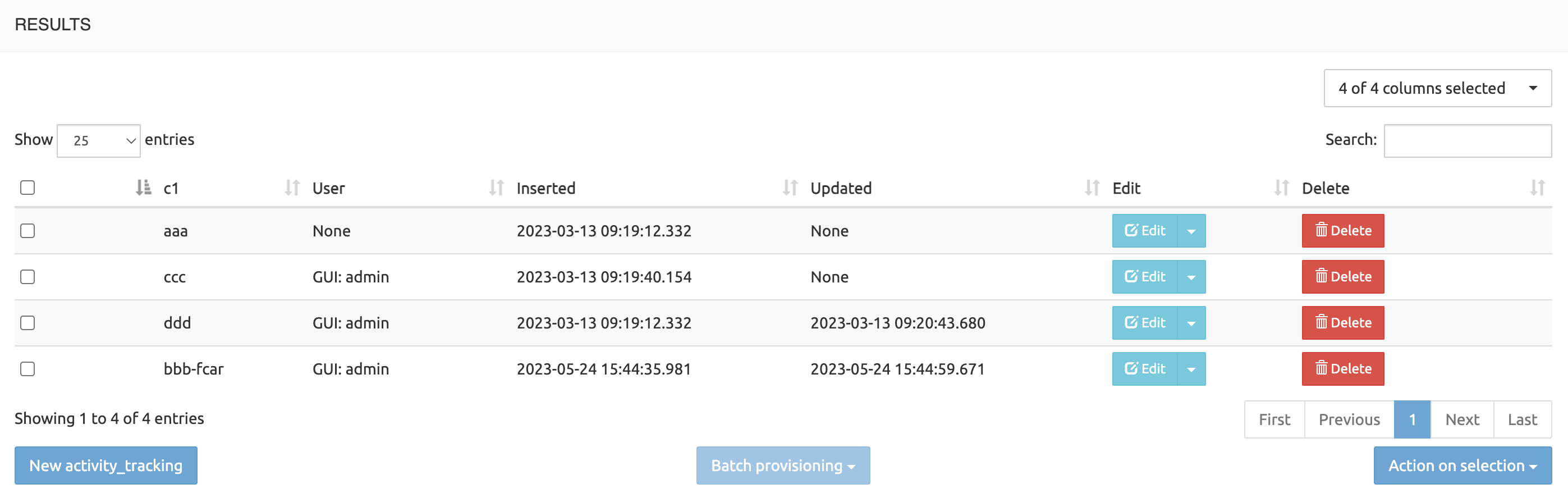 Example table changes in data administration